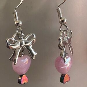 Chic Silver Bow Earrings with Pink Heart Accents